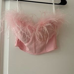 Superdown baby pink crop top with feathers